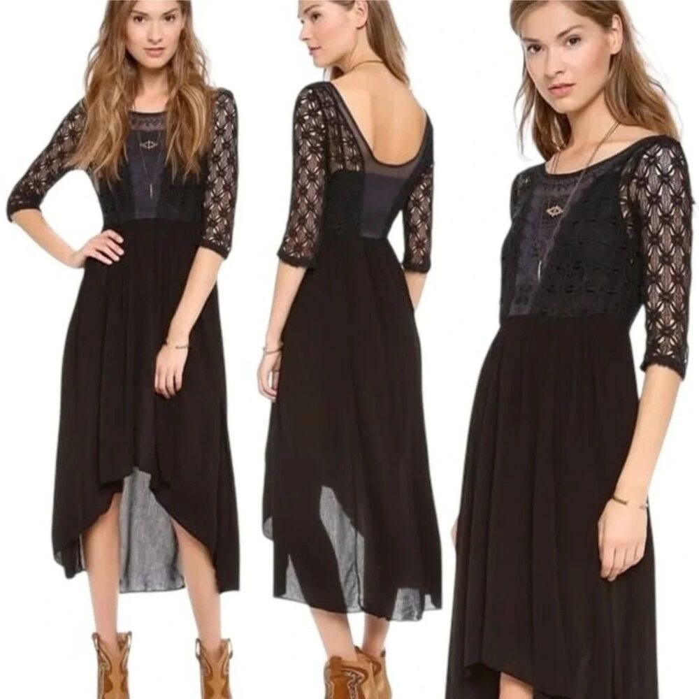 Free People Lonesome Dove Midi Dress Size 6 Black Crochet Knit Lace Whimsigoth